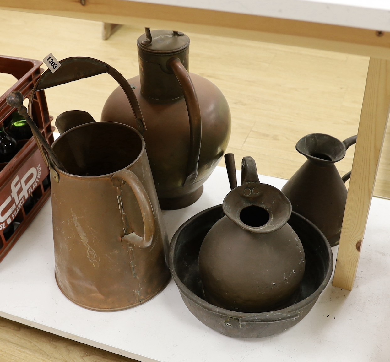 A selection of copper-wares, to include haystack measures